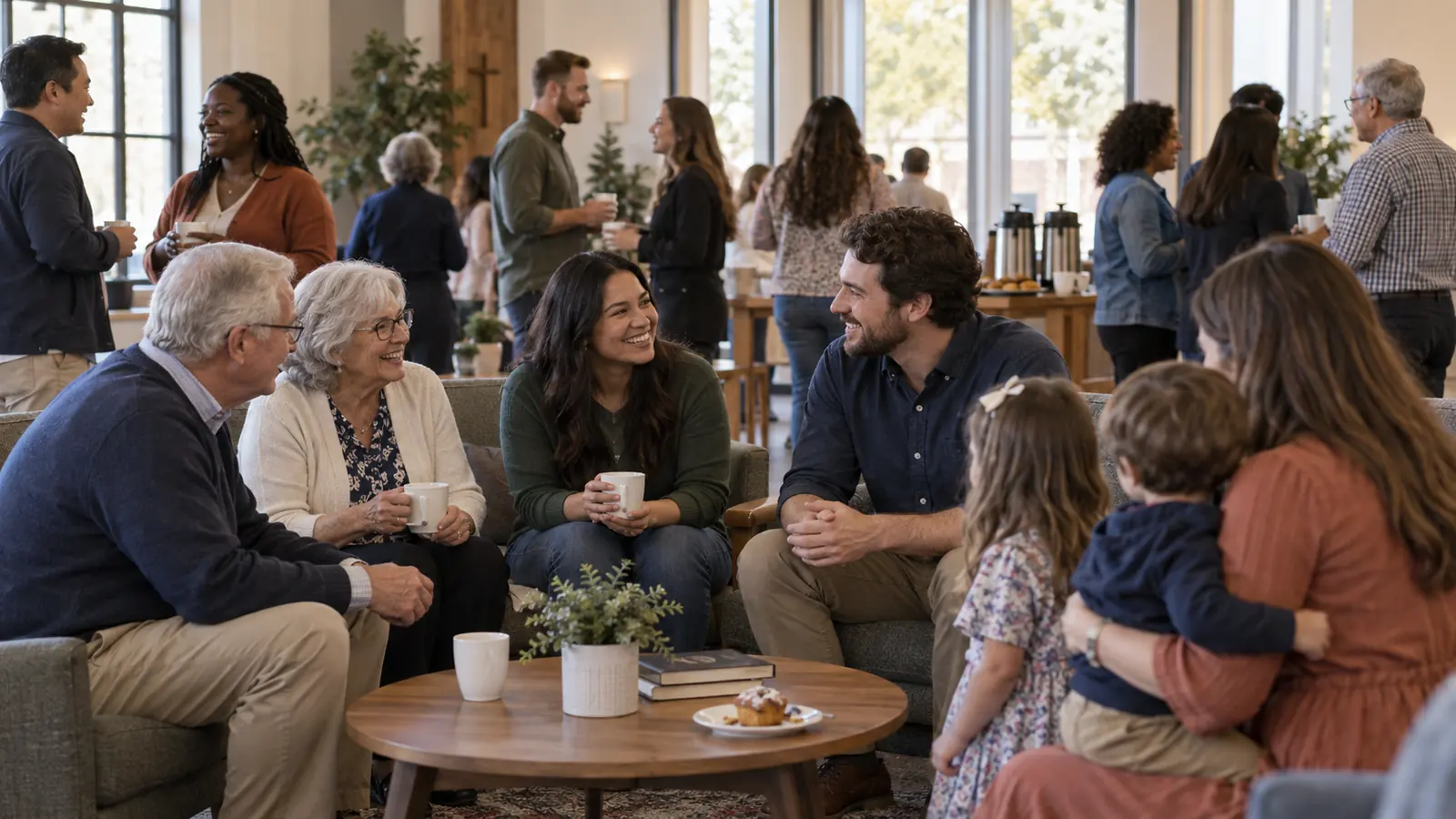 People from several generations talking together after church.