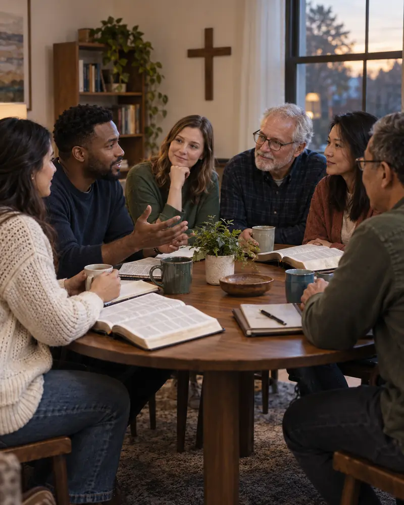 Adults of several ages reading the Bible around a table.