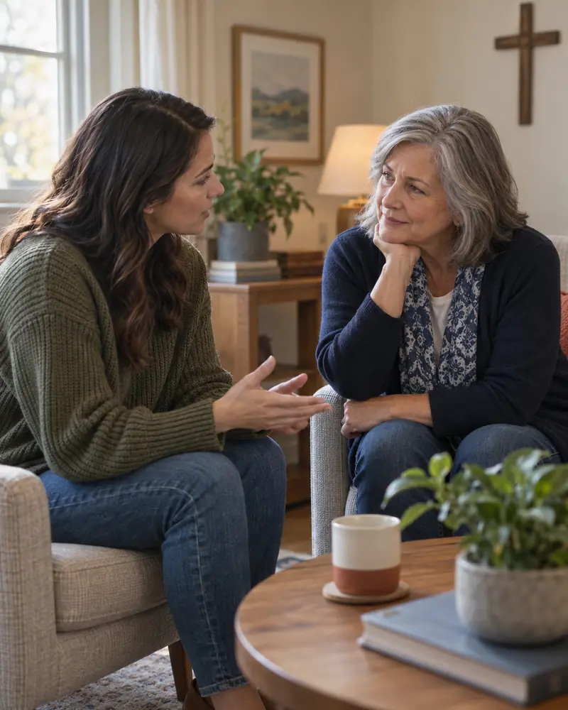 Two women talking quietly in armchairs.