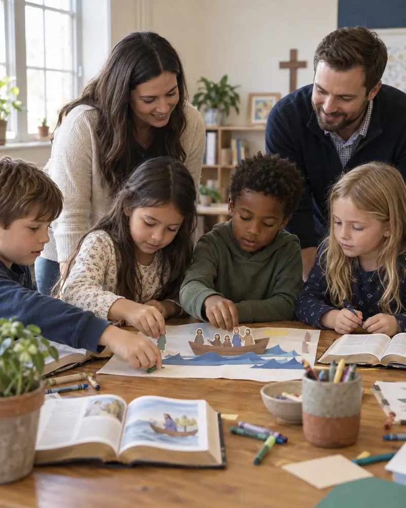 Children and teachers drawing a Bible story around a table.