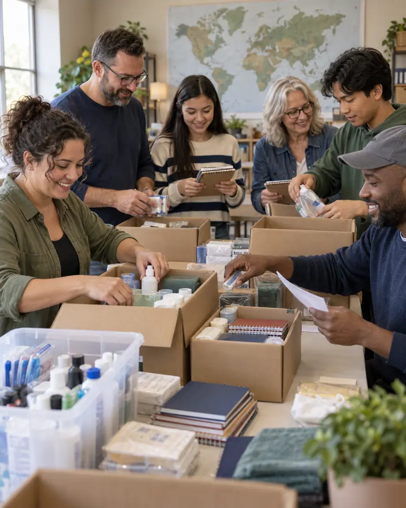 People packing boxes of supplies beneath a world map.