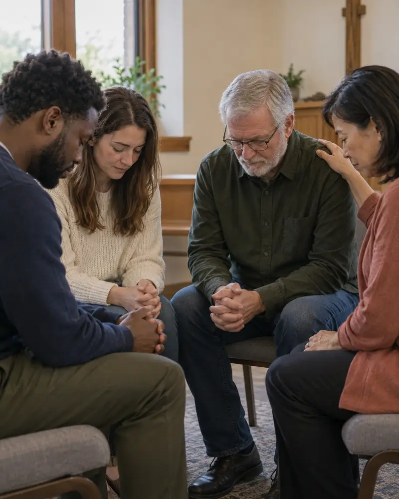 A few people sitting close with heads bowed in prayer.