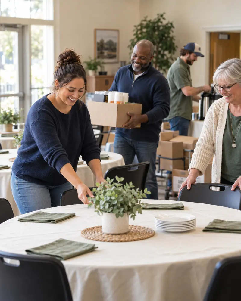Volunteers setting tables and carrying boxes.