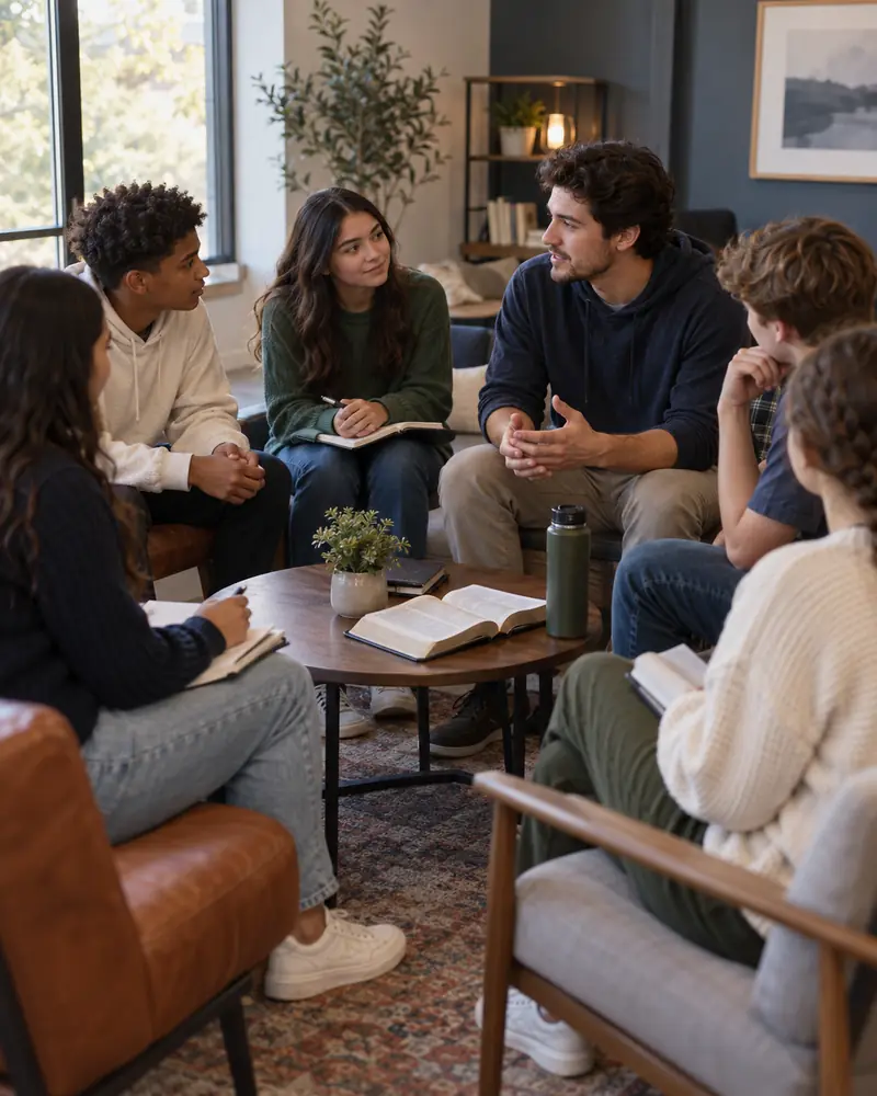 Students talking in a circle with open Bibles.